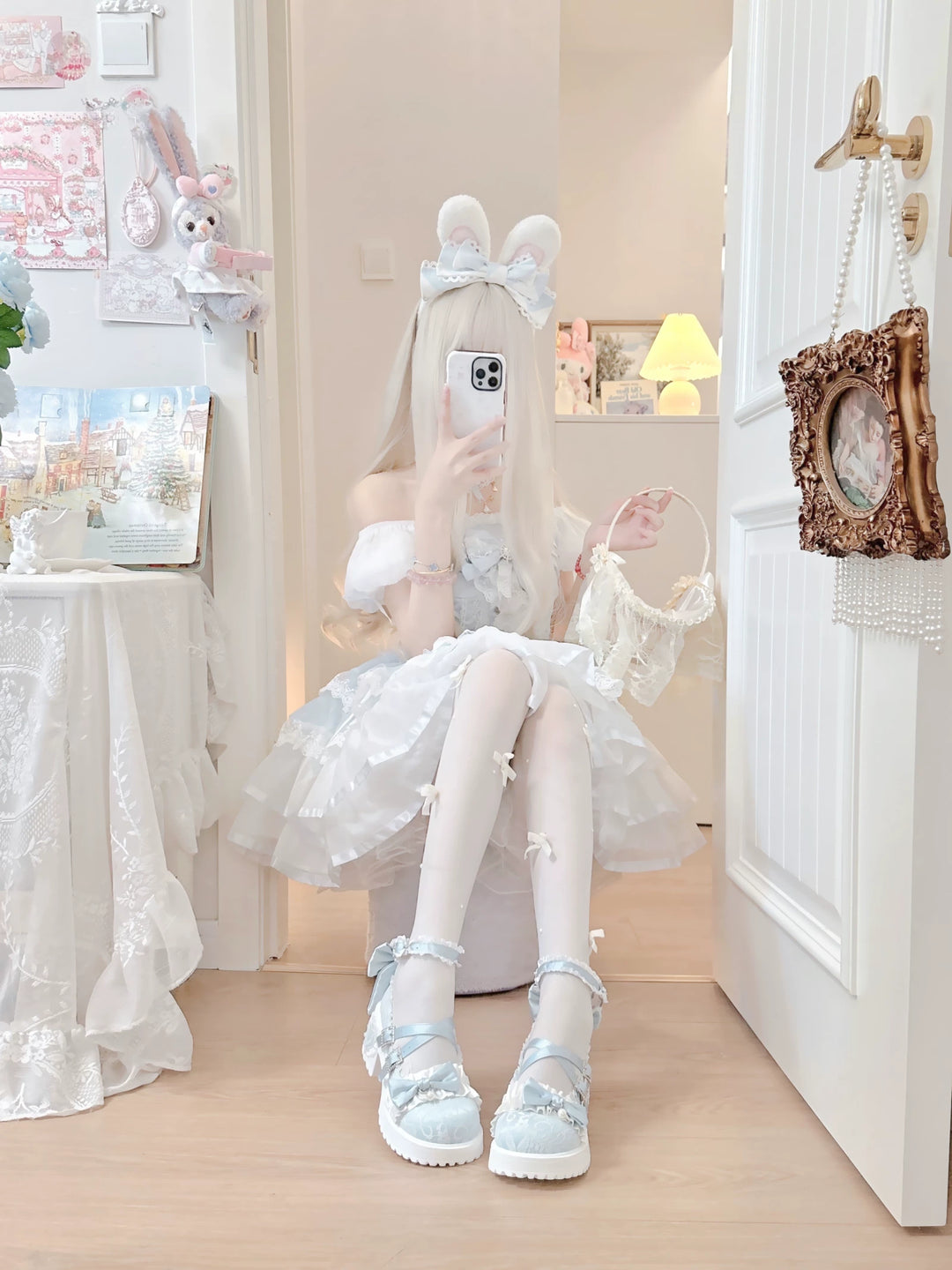 Classic Lolita Mary Jane Shoes, Lace Tulle & Ribbon Bow 46012:873450