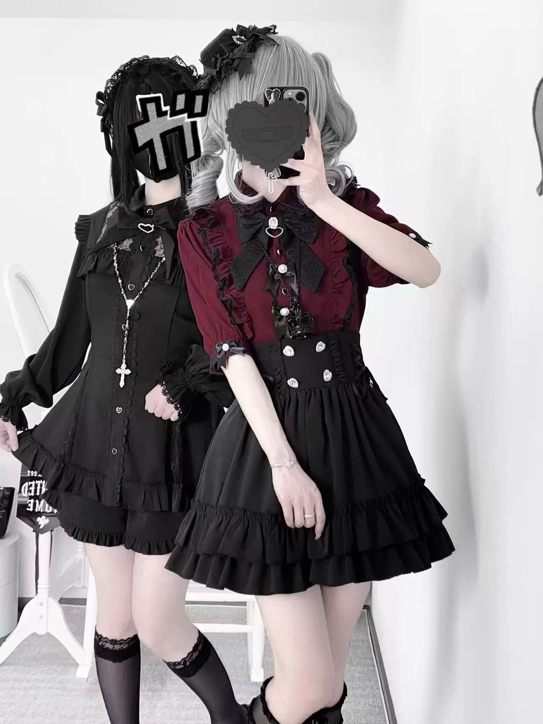 French-Style Jirai Kei Blouse, Large/Small Bow Pins 43196:771999