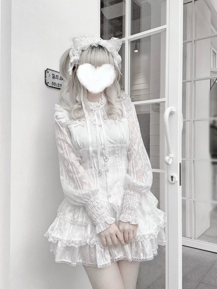 Jirai Kei Blouse & Bloomers Set, Ruffled Stand Collar 44959:831580
