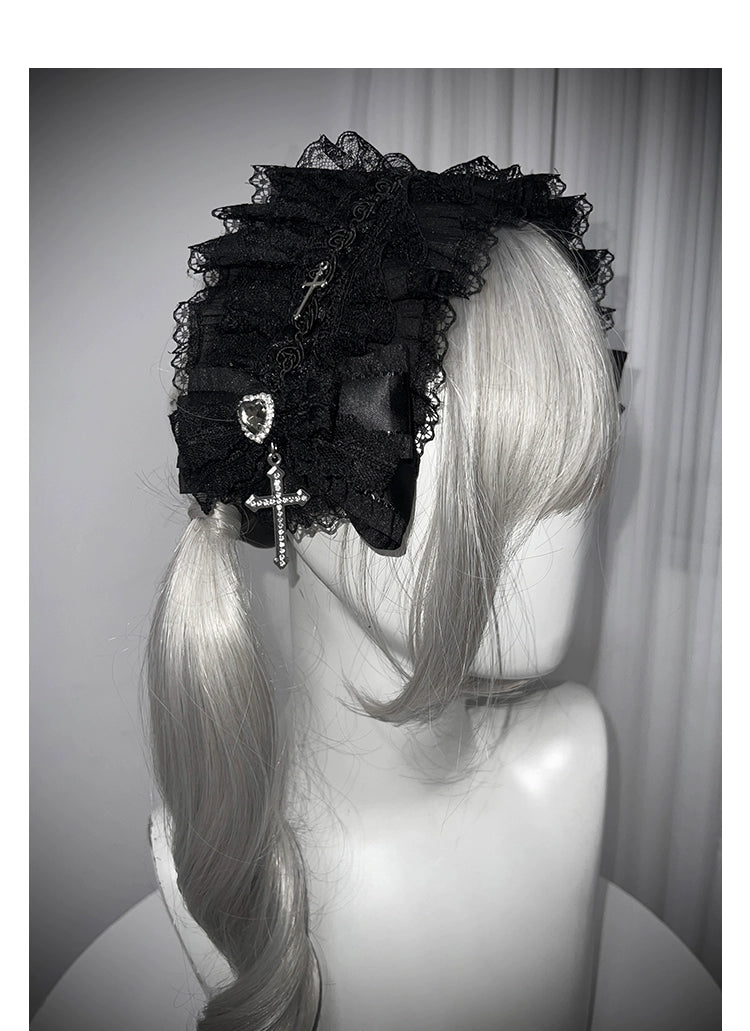 Black / White Jirai Kei Long Dress, Detachable Bow, Cross Detail 43510:778755