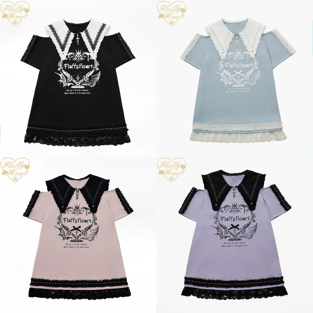 Cotton Sub Jirai Kei T-Shirt Dress, Pointed Collar, Open Shoulder 43373:774849