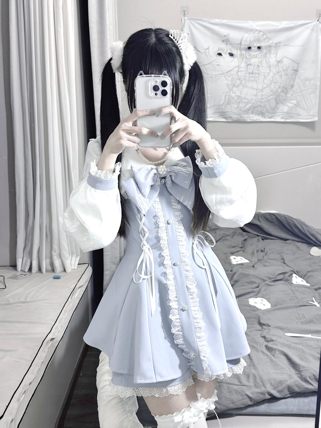Lace-up Jirai Kei Dress Set with Lace and Rhinestone Button 42784:752964