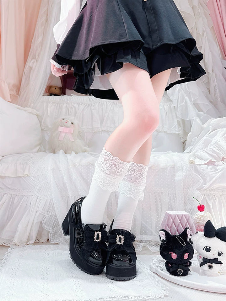 Black/White Jirai Kei Platform High Heel Shoes, Lace Bow 45952:872982