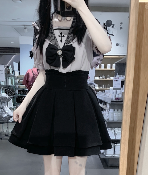 Sailor Collar Jirai Kei Blouse, High Waist Skirt, Embroidered Cross 37118:552554