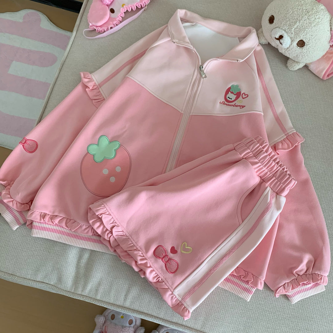 Kawaii Pink Coat and Shorts Set with Strawberry Embroidery 42703:749874