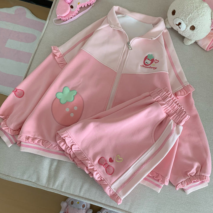 Kawaii Pink Coat and Shorts Set with Strawberry Embroidery 42703:749874