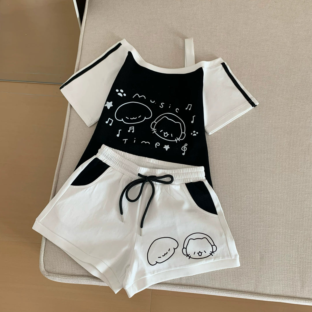 Kawaii Summer Music Time Printed T-shirt, Shorts With Pockets (L M S) 42904:757281