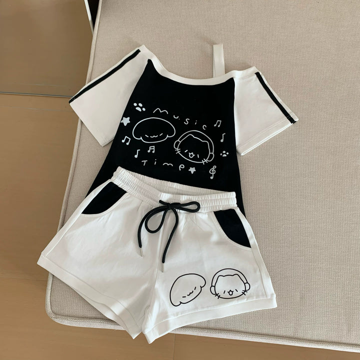 Kawaii Summer Music Time Printed T-shirt, Shorts With Pockets (L M S) 42904:757281