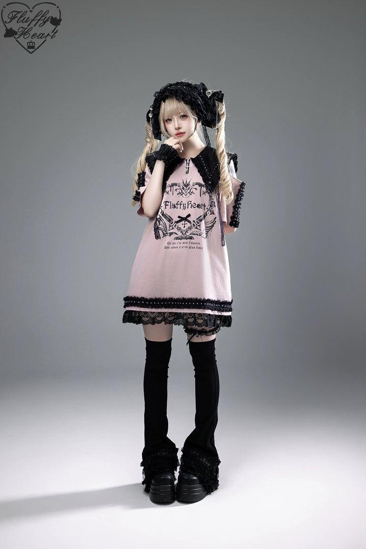 Cotton Sub Jirai Kei T-Shirt Dress, Pointed Collar, Open Shoulder 43373:774843