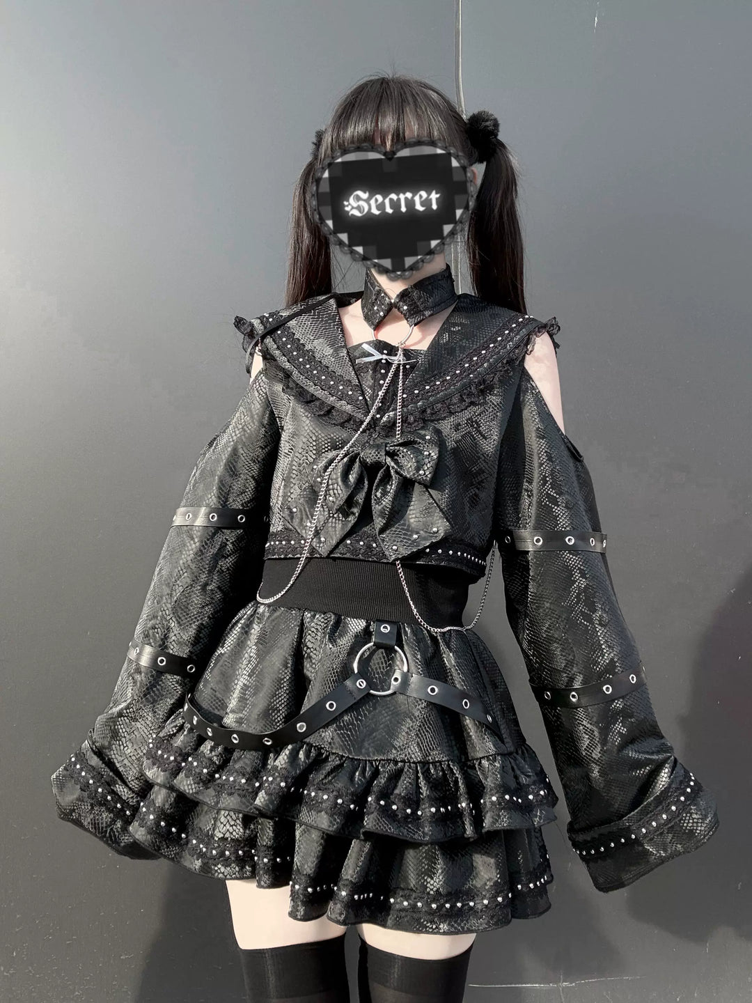 Subculture Black Top & Skirt Set, Snakeskin-Like Style 44771:827684