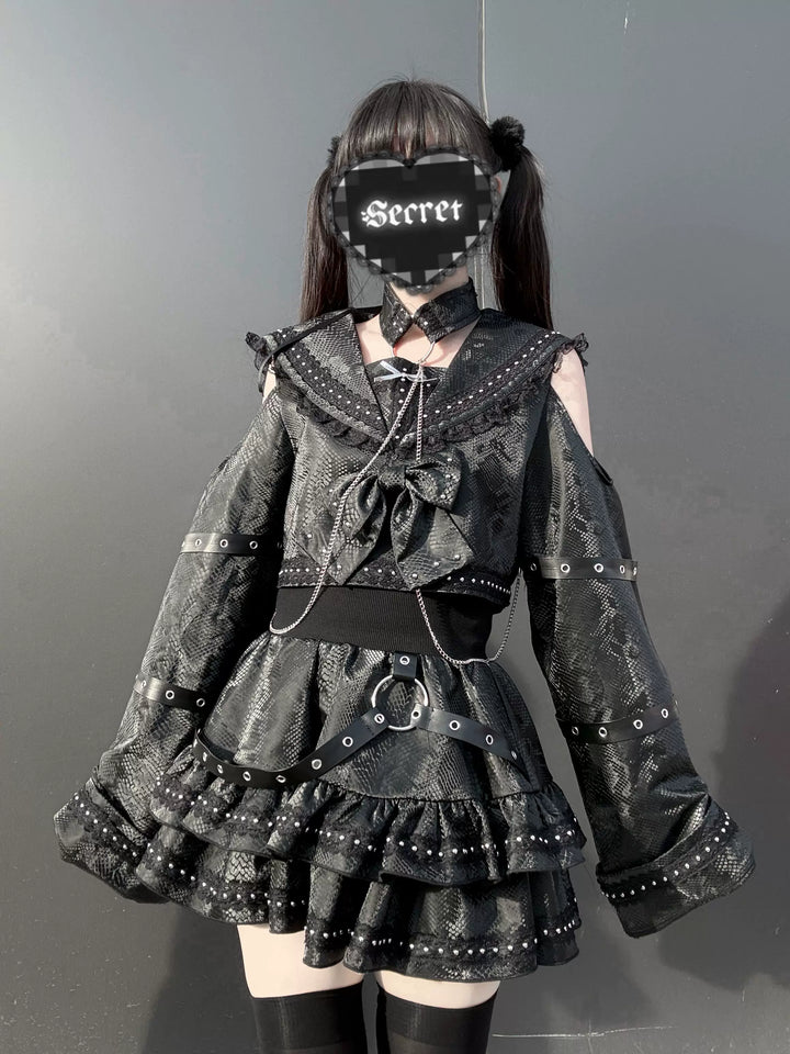 Subculture Black Top & Skirt Set, Snakeskin-Like Style 44771:827684