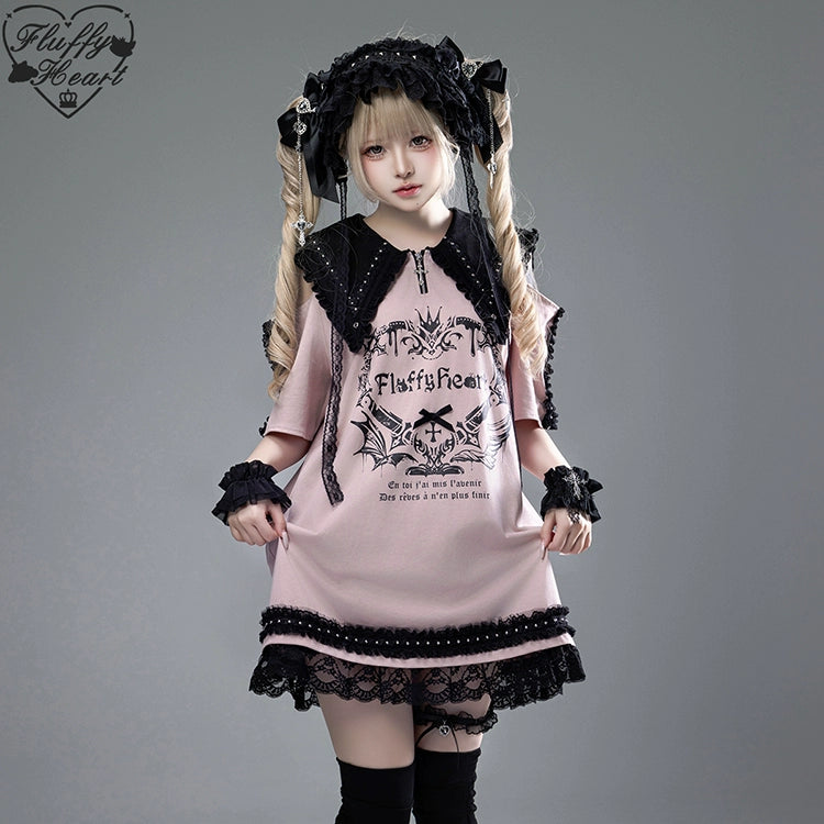 Cotton Sub Jirai Kei T-Shirt Dress, Pointed Collar, Open Shoulder (L M S) 43373:774853