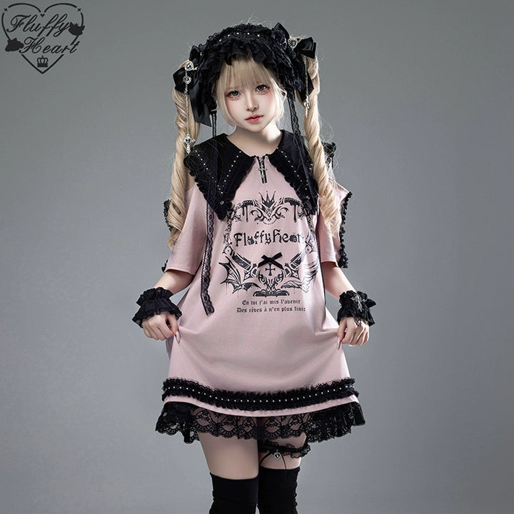 Cotton Sub Jirai Kei T-Shirt Dress, Pointed Collar, Open Shoulder (L M S) 43373:774853
