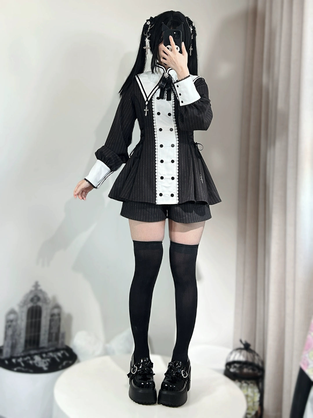 Striped Jirai Kei Set Up, Detachable Collar, Long/Short Sleeve Styles 43401:775817