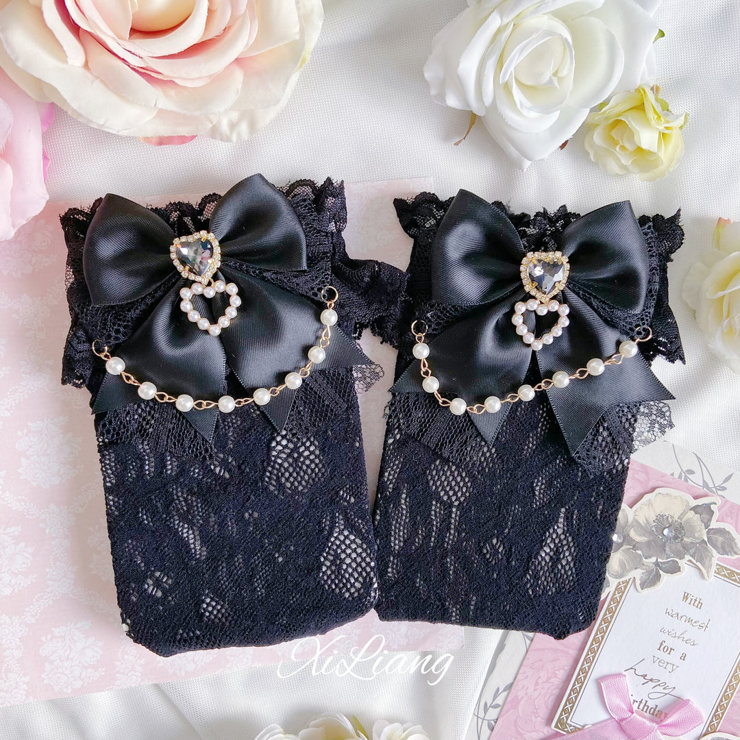 Jirai Kei Socks With Pearl Chain And Sweetheart Rhinestone Detail 28904:326756