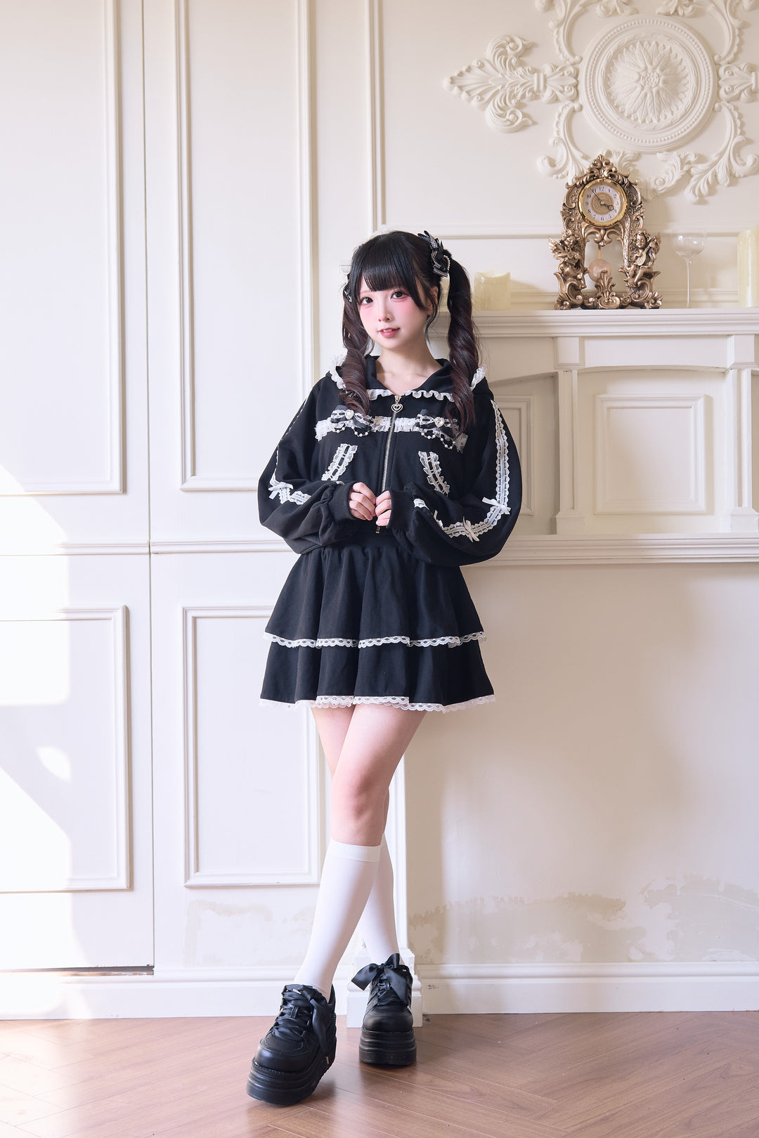 Sport Jirai Kei Hoodie Jacket Pants and Skirt with Lace Detail 42521:743626