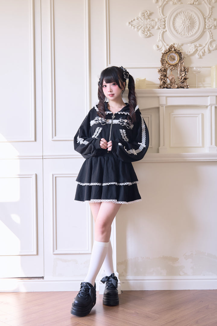Sport Jirai Kei Hoodie Jacket Pants and Skirt with Lace Detail 42521:743626