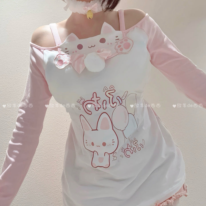 Kawaii Cat-Print Cotton Skirt Off-Shoulder Top with Choker 42812:754149