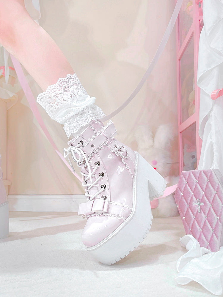 Jirai Kei Shoes Ankle Boots with Heart-shaped Pearl Buckle Detail 42651:748999