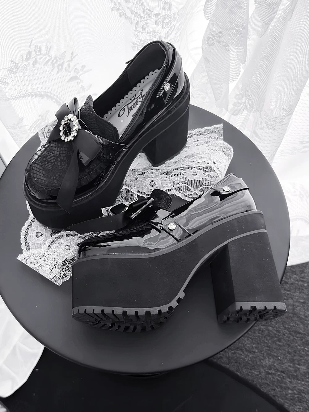 Jirai Kei Platform Loafer Heels, Lace Tulle & Rhinestone (35 36 37 38 39 40 41 42) 46106:875231