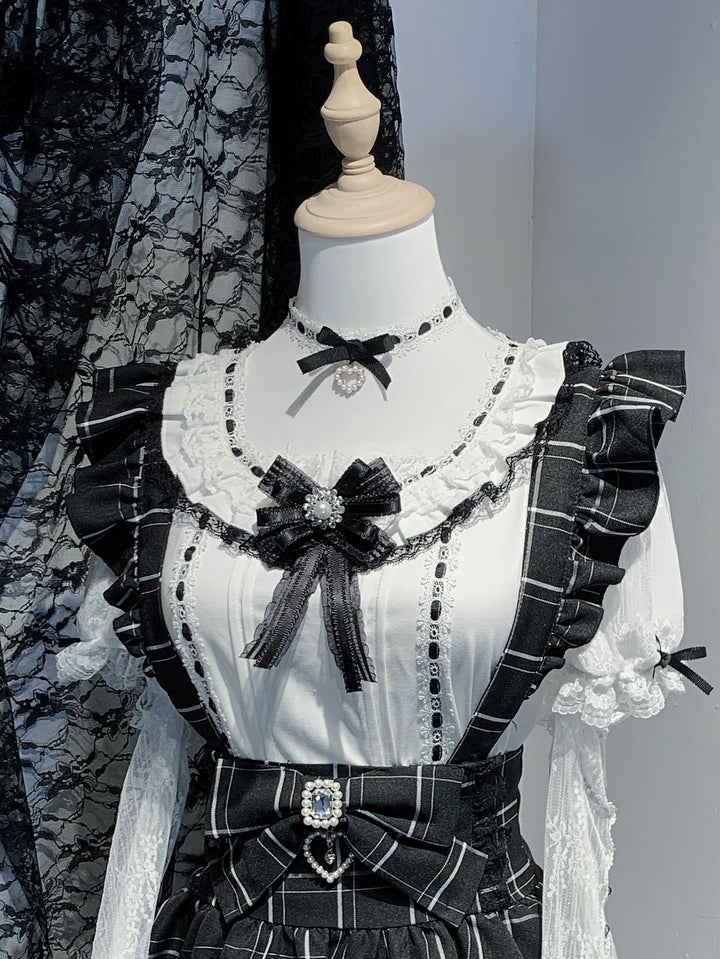 Short-Sleeved Jirai Kei Blouse with Choker and Tulle Cuffs 42862:755759
