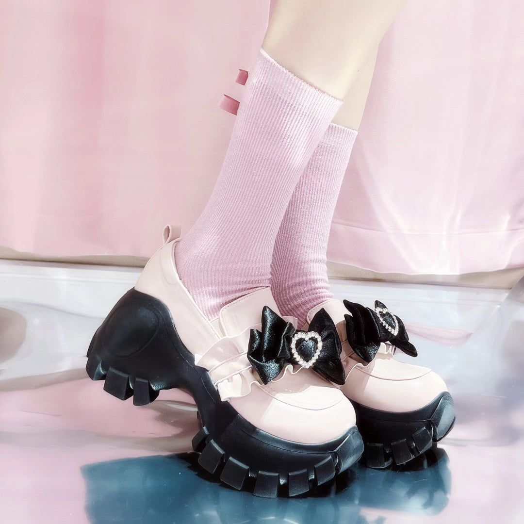 JK Uniform Pink Black Platform Shoes With Bow Ties (35 36 37 38 39) 21892:331954