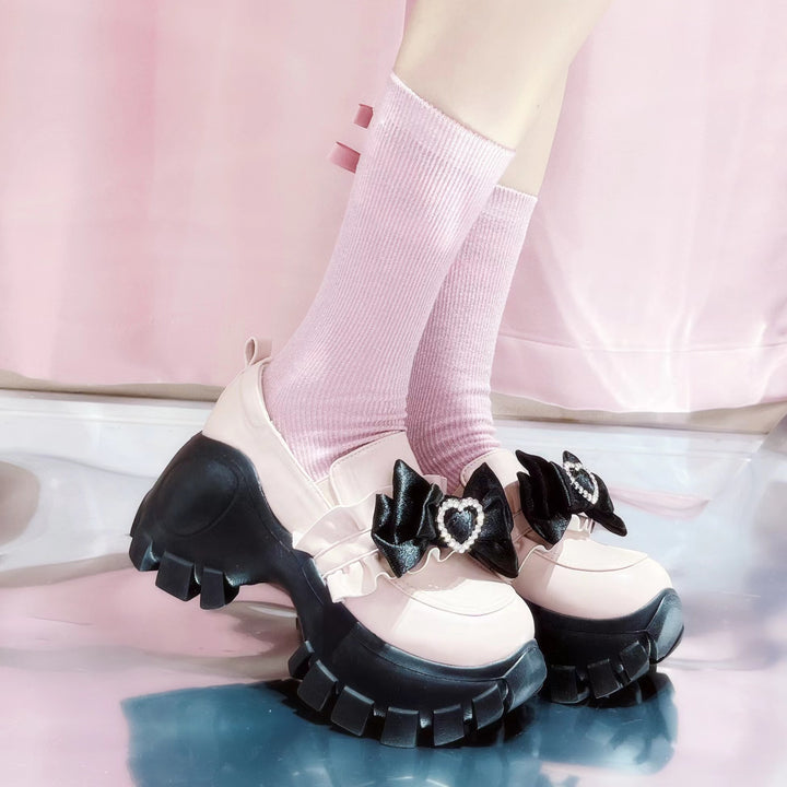 JK Uniform Pink Black Platform Shoes With Bow Ties (35 36 37 38 39) 21892:331954