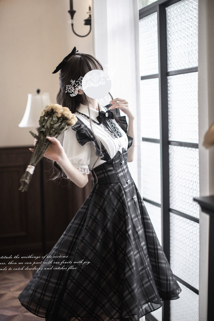 Black Plaid Jirai Kei Suspender Skirt, White Blouse 42918:760662