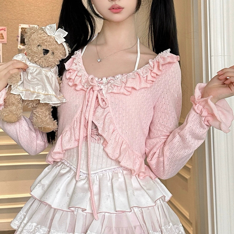 Ryousangata Skirt Set Pink Cardigan White Straps Top (Cardigan / L M S XS) 37008:548376 (Cardigan / L M S XS) 37008:548376