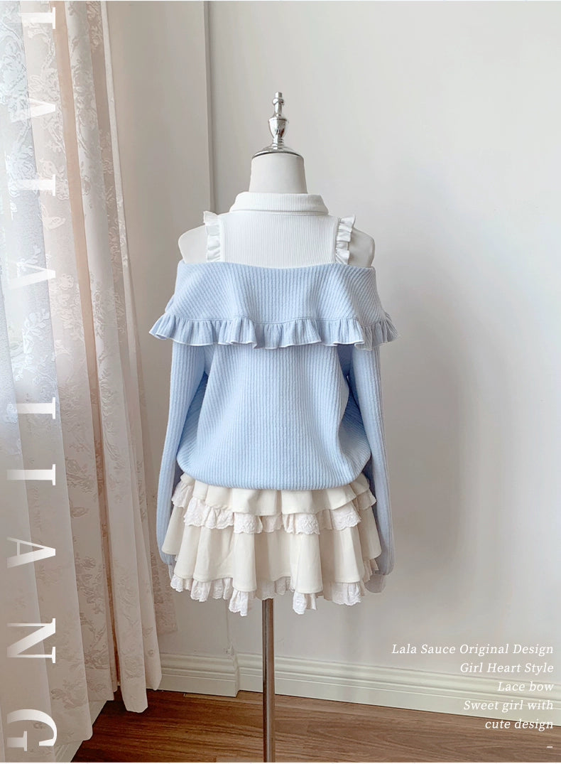 Open-Shoulder Tenshi Kaiwai Sweater, Tiered Ruffles Skirt 43775:786751
