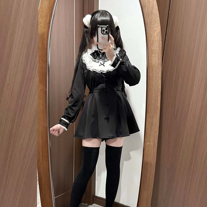 Plus Size Jirai Kei Long Sleeve Dress Set With Lace Wrist Bow Multicolor 41688:710576