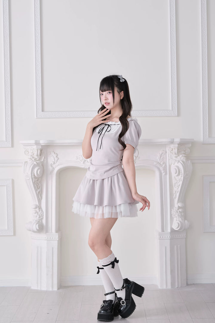 Jirai Kei Hoodie Top & Skirt Set, Tulle Hem 44941:829936