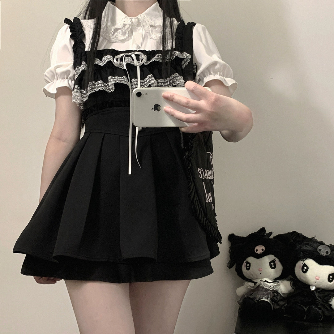 Jirai Kei Blouse Sweet Lace Collar Shirt Short Sleeve 35376:526616 35376:526616