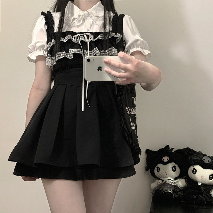Jirai Kei Blouse Sweet Lace Collar Shirt Short Sleeve 35376:526616 35376:526616