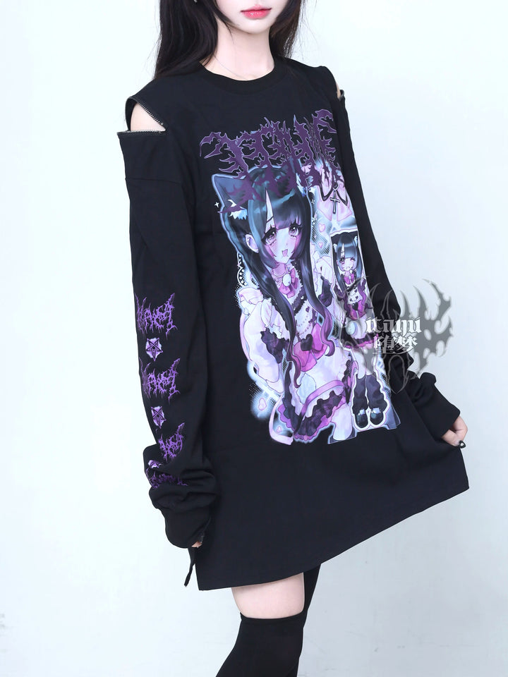 Subculture Printed Long Sleeve Tee, Thigh Length 44523:812010