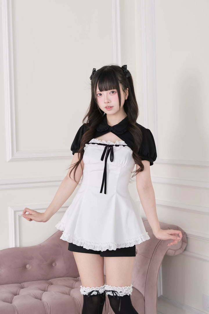 Jirai Kei Striped Dress Set, Puff Sleeve Bolero (M S) 44942:829819