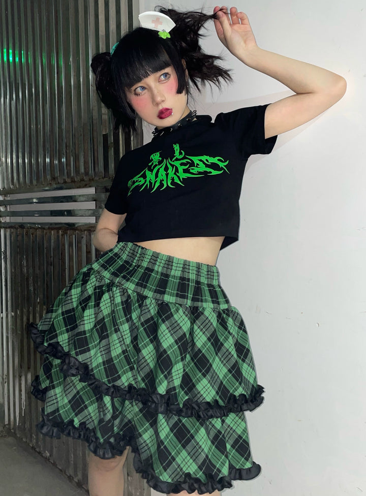 Punk Plaid Skirt Pink Blue Skirt Bow Layered Ruffle Skirt 33818:445928 33818:445928