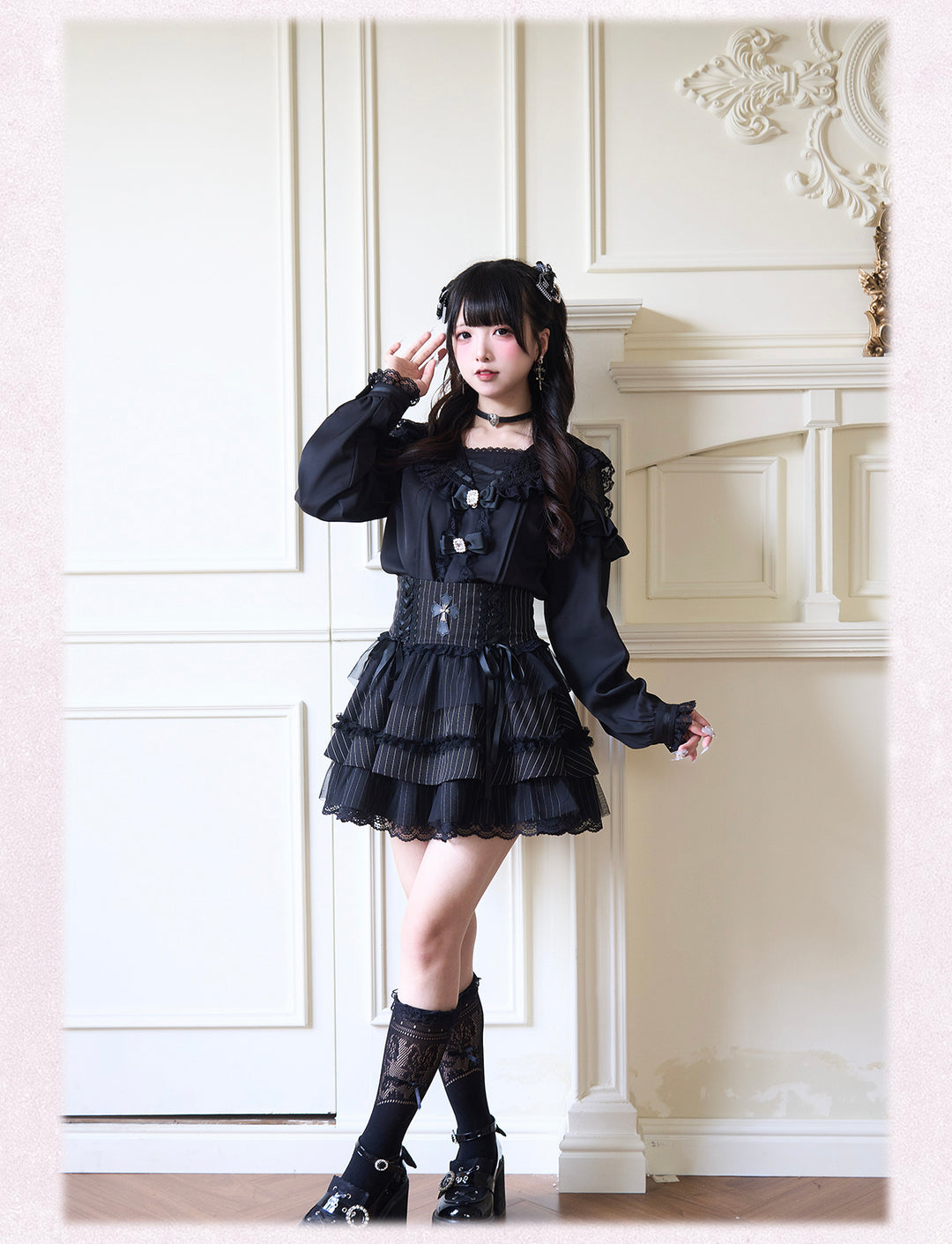 Sailor Collar Jirai Kei Blouse with Tulle Shoulder and Lace Frill 42523:744438