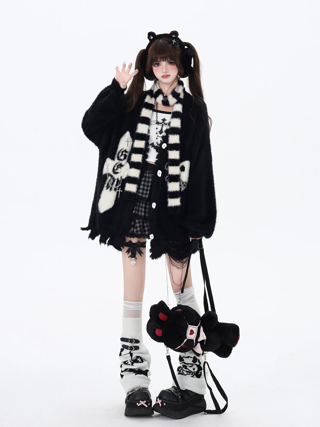 Jirai Kei Sweater Irregular Hem Cardigan With Striped Scarf 40922:680424