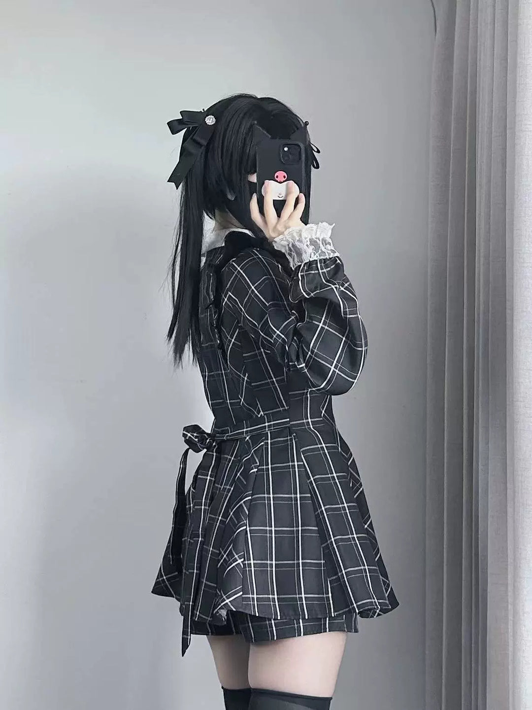 Jirai Kei Dress Set Long-sleeved Plaid Dress And Shorts 39444:620592