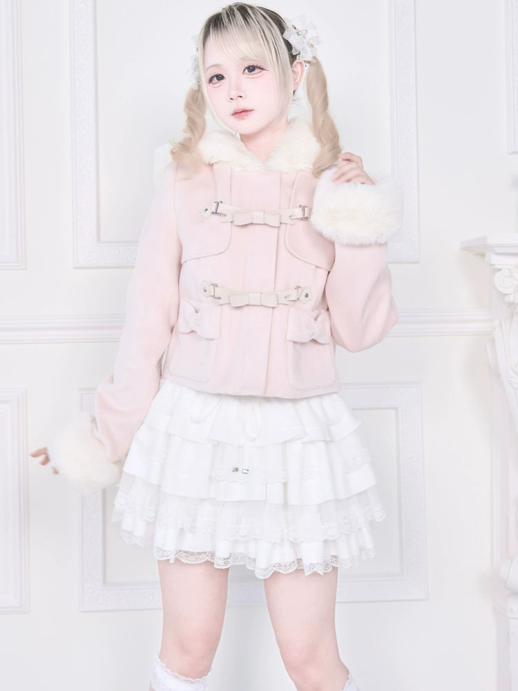 Hooded Rousangata Short Coat, Detachable Plush Cuffs (L M) 44116:796390
