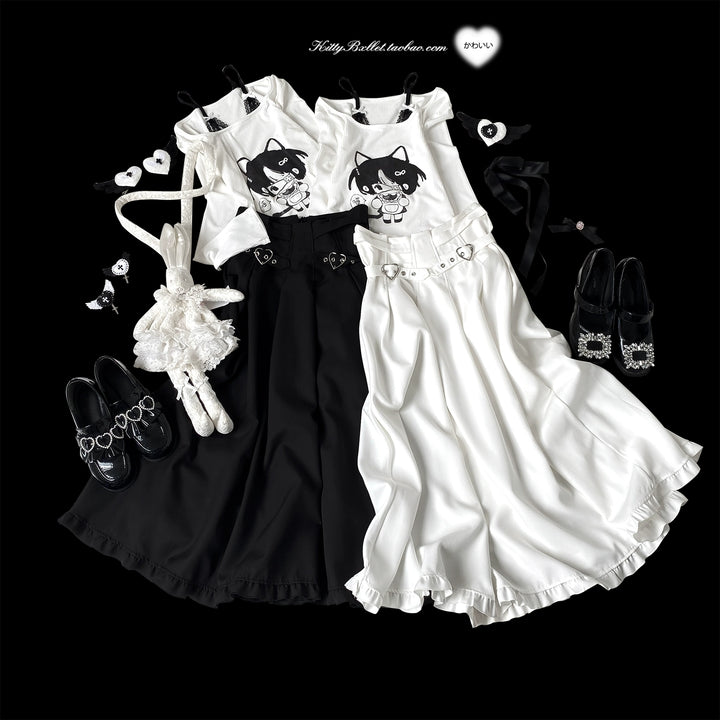 Long Jirai Kei Skirt With Lace Up And Heart-shaped Adjustable Buckle 39638:633584