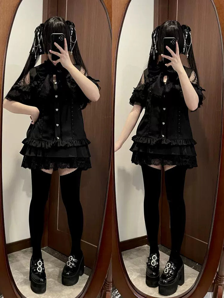 Jirai Kei Blouse Lace Open Shoulder Shirt Short Sleeve 37852:573338
