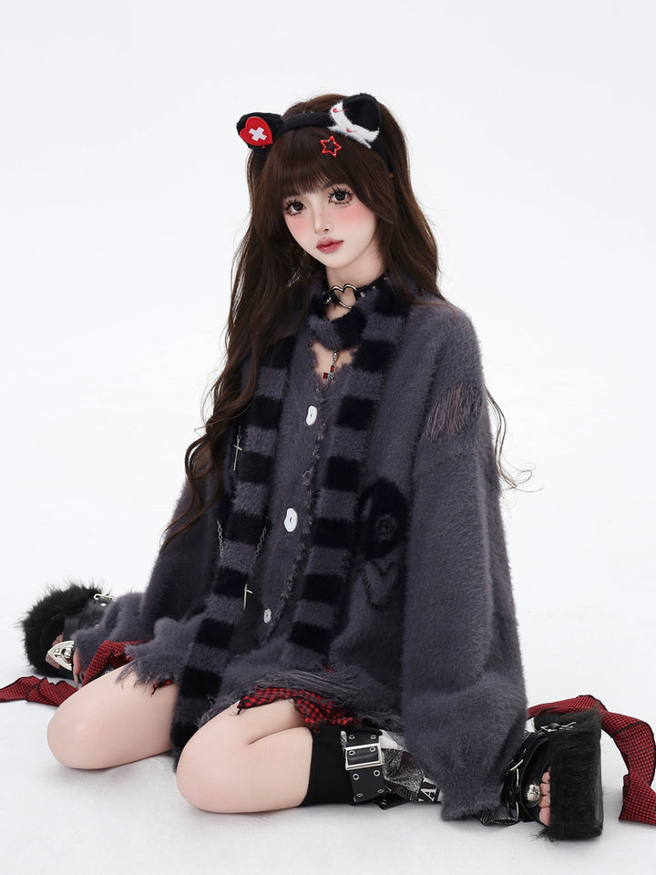 Jirai Kei Sweater Irregular Hem Cardigan With Striped Scarf 40922:680398