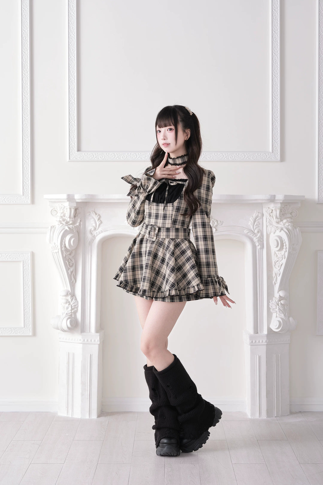 Jirai Kei Plaid Dress and Shorts Set, Lace Trim Choker 44689:819280