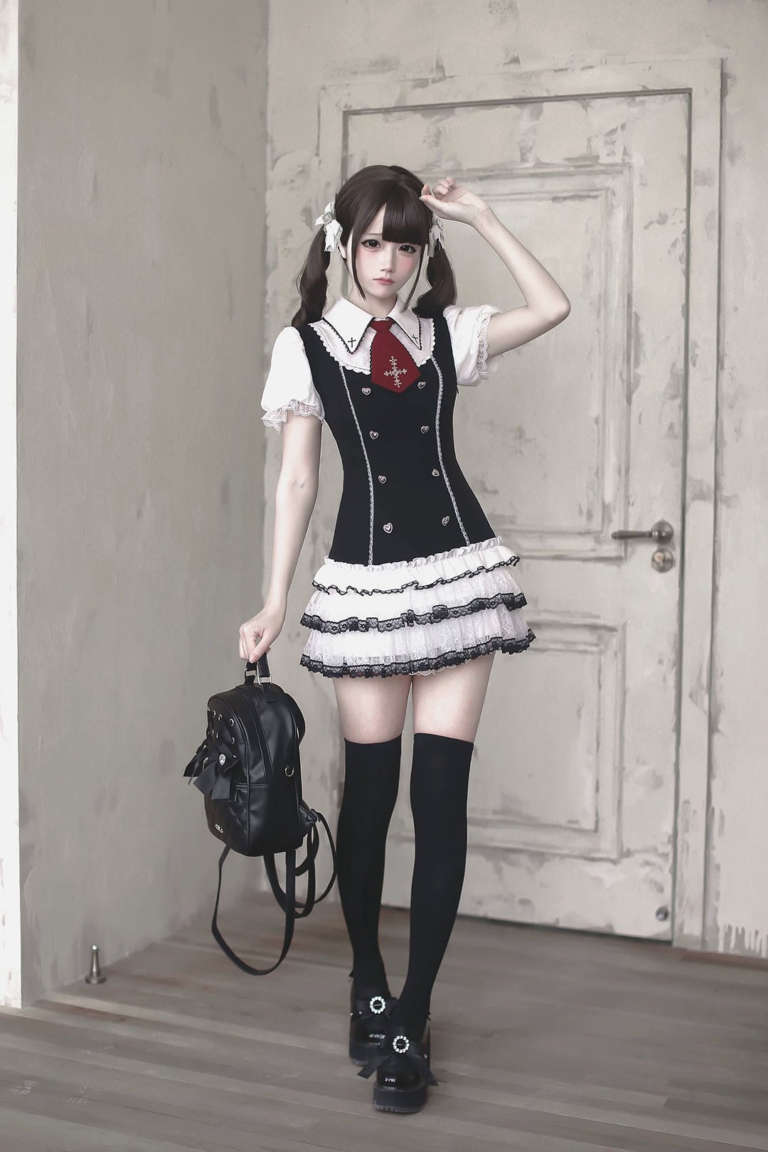 Preppy Style Low-Waist Dress Set, Cross Embroidery 44746:823824