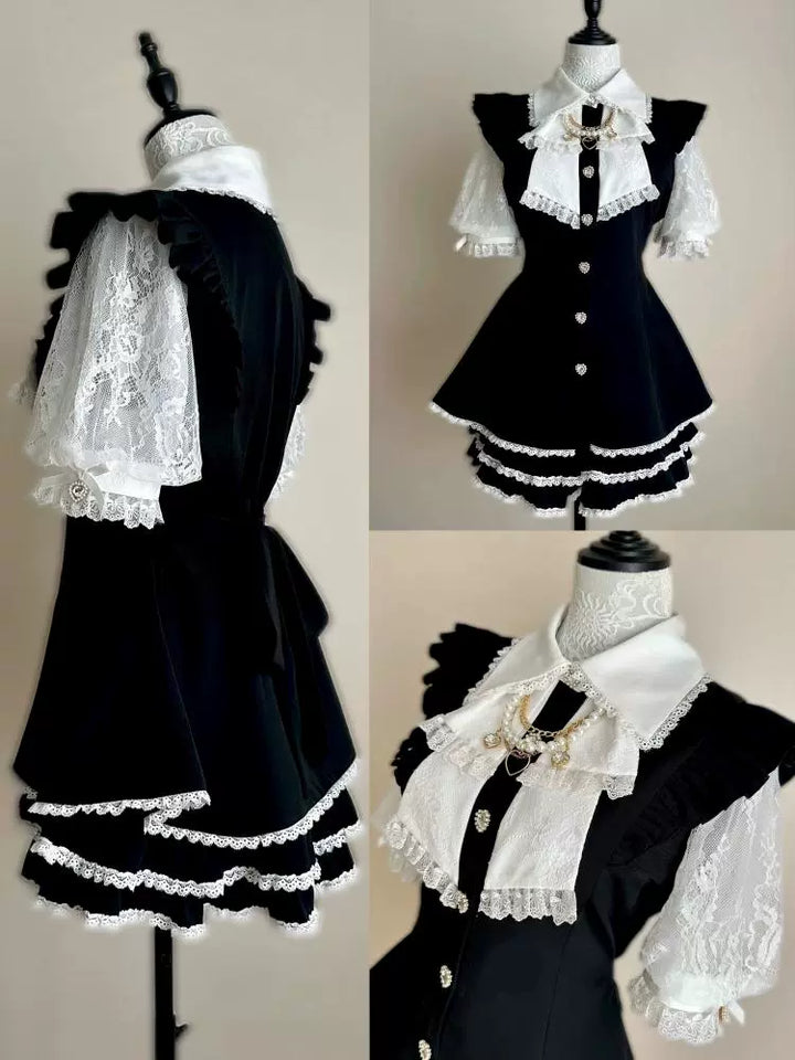 Plaid/Black Jirai Kei Dress Set, Lace Sleeve, Pearl Chain 43241:774463