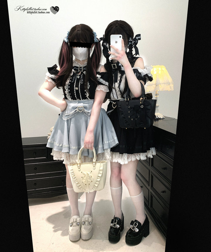 Lace Open Shoulder Jirai Kei Blouse, Heart Rhinestone 43692:783138