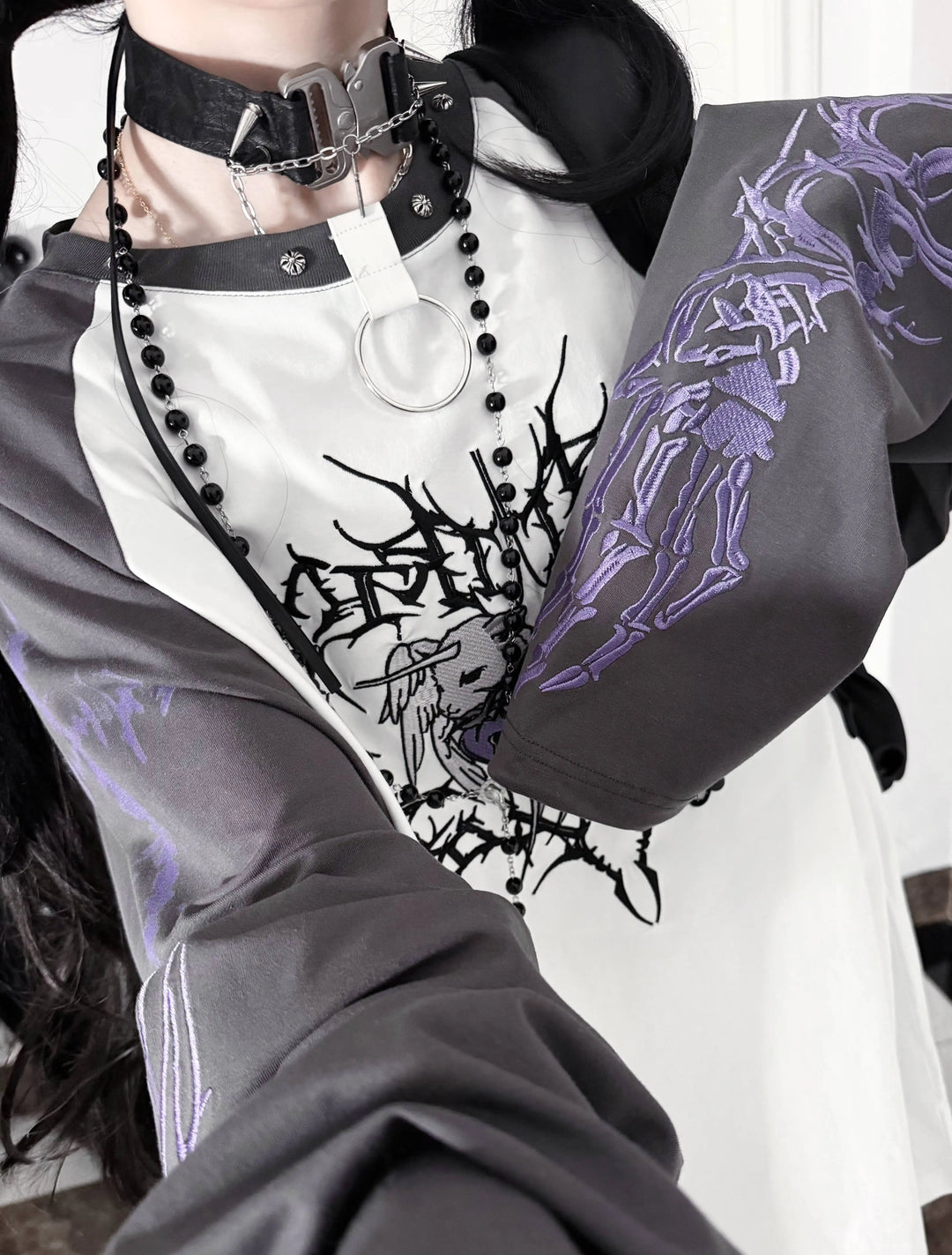 Gothic Long Sleeve Cotton T-Shirt, Demon Ram Embroidery 46062:875033
