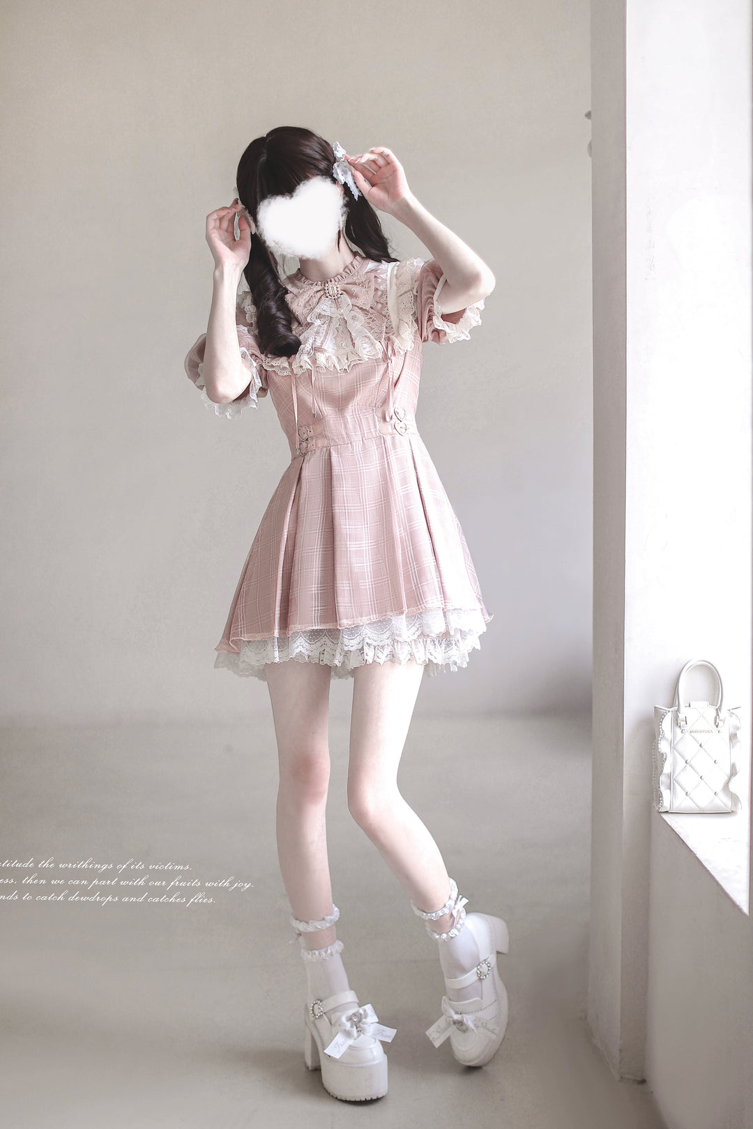 Pink Ryousangata Dress, Lace Trim & Square Rhinestone Bow 43193:770320